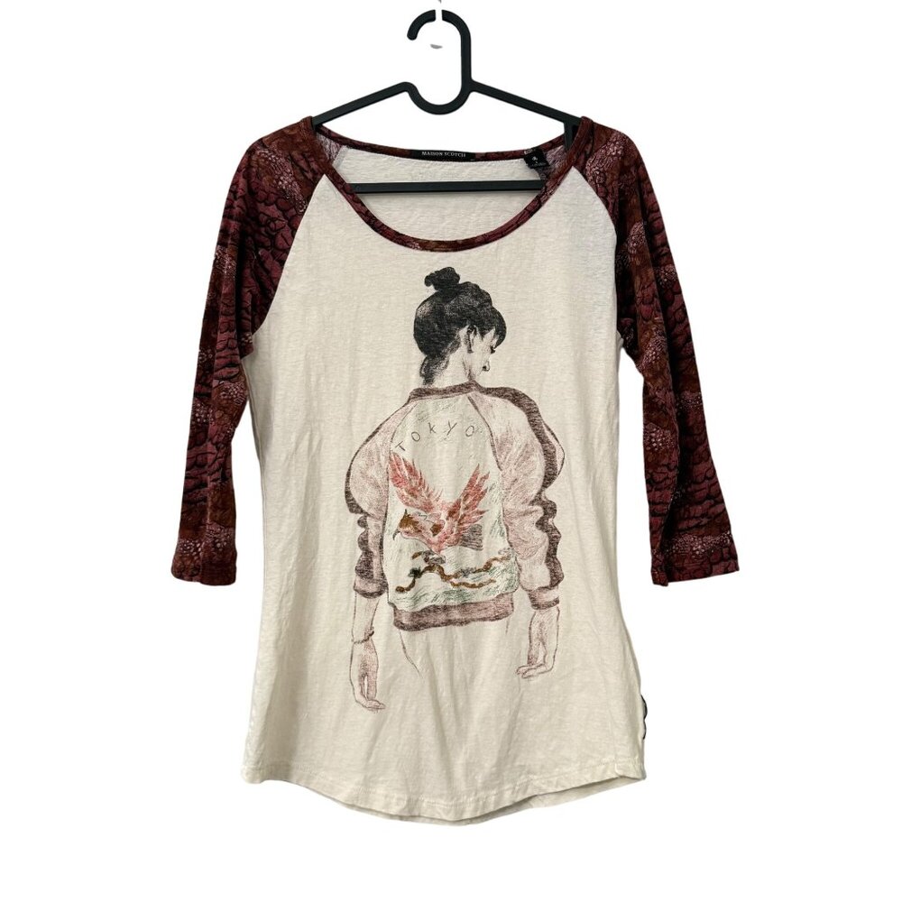Maison Scotch Y2K Grunge Tokyo Girl Graphic Reptile Print Sleeves Top Size Small